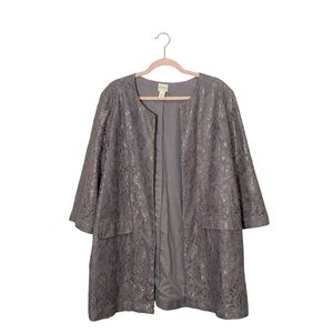 Chico’s Gray Lace Open Front Jacket Top Women’s Size XL Lightweight Dressy Layer